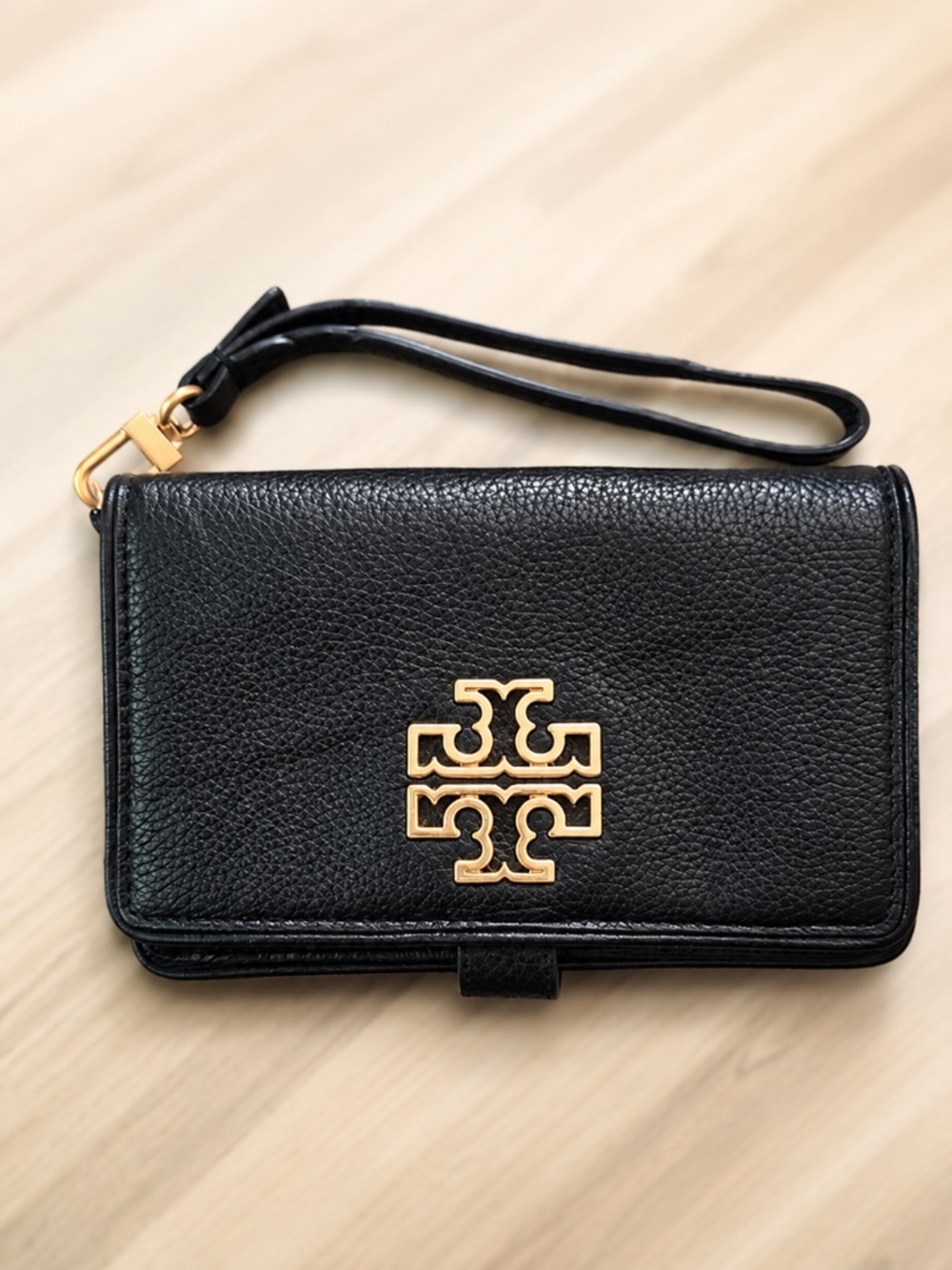 Tory Burch Black Leather Wristlet with Gold Logo